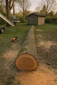 Tronc d’arbre abattu et tronçonneuse posée sur la pelouse