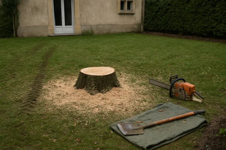 Souche d’arbre fraîchement coupée avec tronçonneuse et outils de coupe