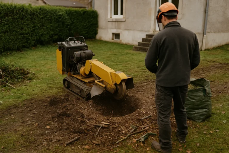 Opération de rognage de souche à l’aide d’une machine spéciale