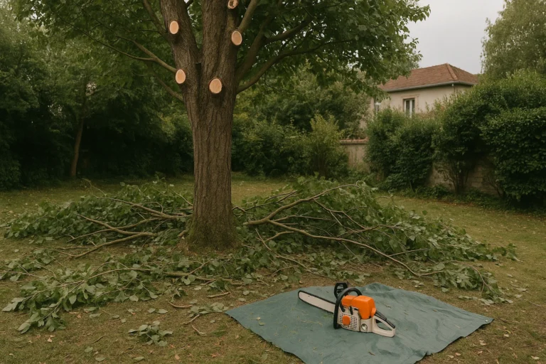 Arbre élagué avec tronçonneuse et branches au sol
