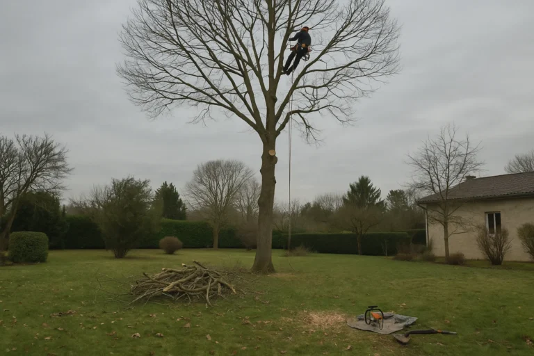 Élagueur en suspension dans un arbre en hiver, branches coupées au sol