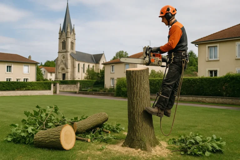 Professionnel abattant un arbre a Essey-les-Nancy.