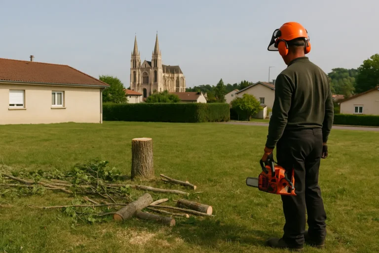 Paysagiste avec tronconneuse pres d'un arbre coupe