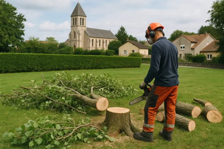 Ouvrier abattant un arbre pres d'une eglise
