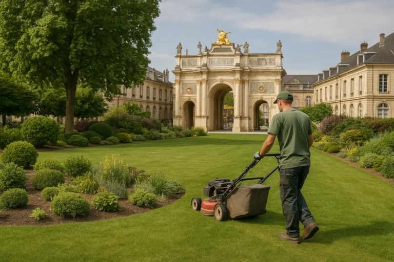 Jardinier a Nancy tond le gazon devant l'arc