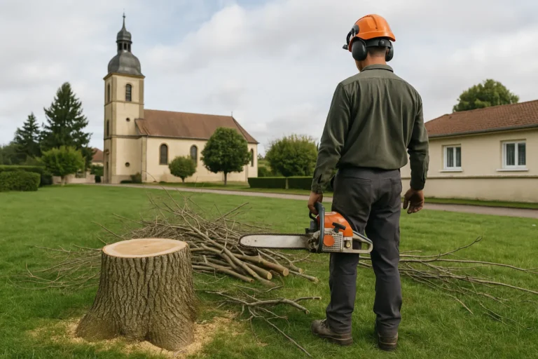 Arbre abattu et homme avec tronconneuse