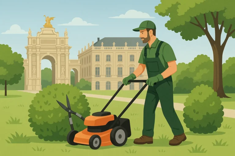 Jardinier a Nancy avec une tondeuse.
